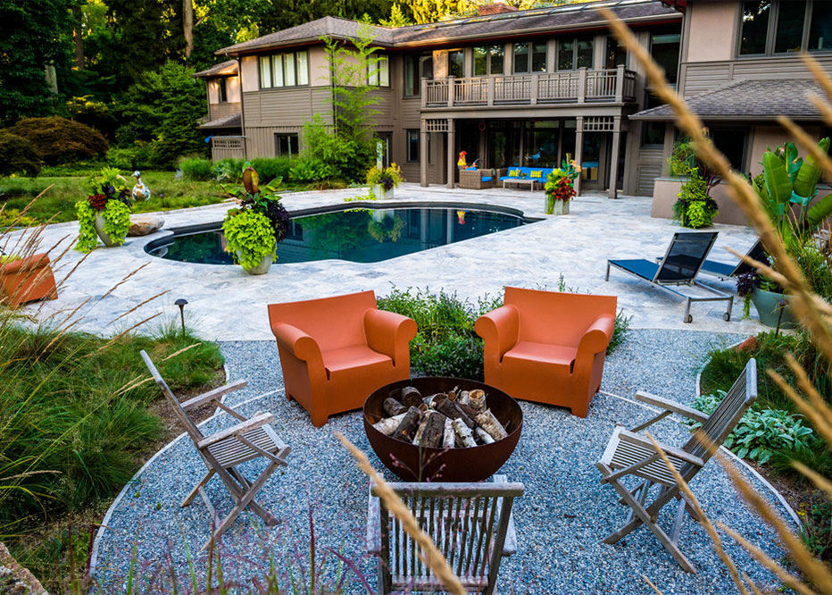 Pool Patio Landscape With Fire Pit And Container Plantings