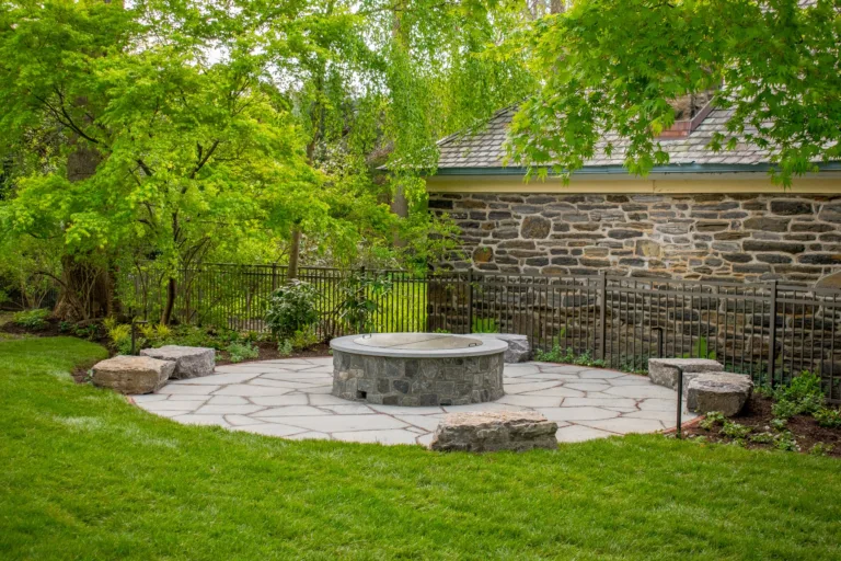 Custom Fire Pit Landscape Design with Hardscaped Flagstone Patio