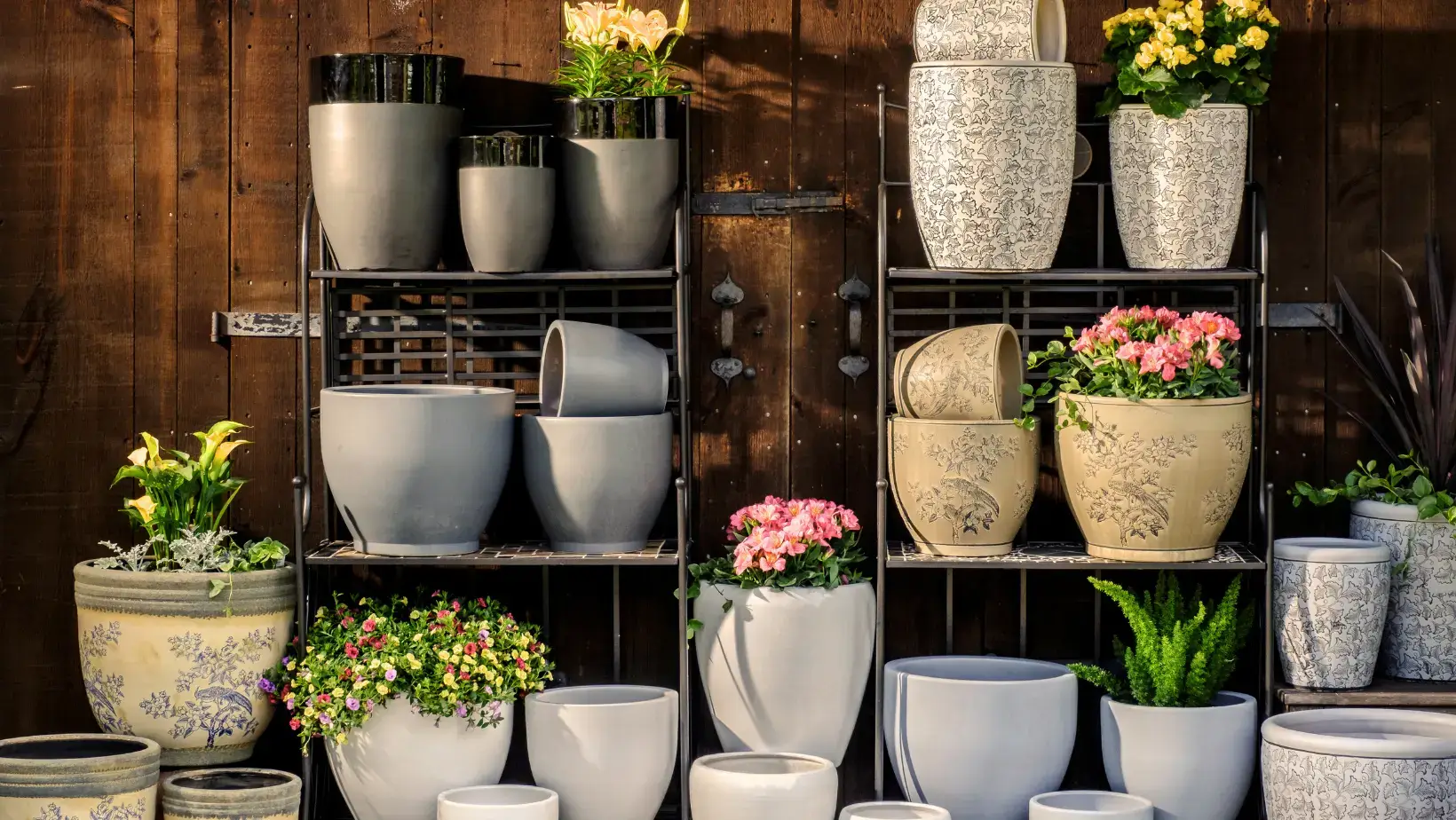curated outdoor containers on display with seasonal plantings in chestnut hill